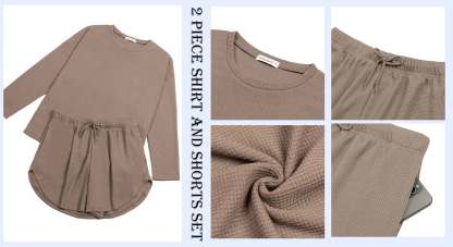 Waffle Knit Lounge Sets Long Sleeve Top and Shorts Outfits Loungewear with Pockets
