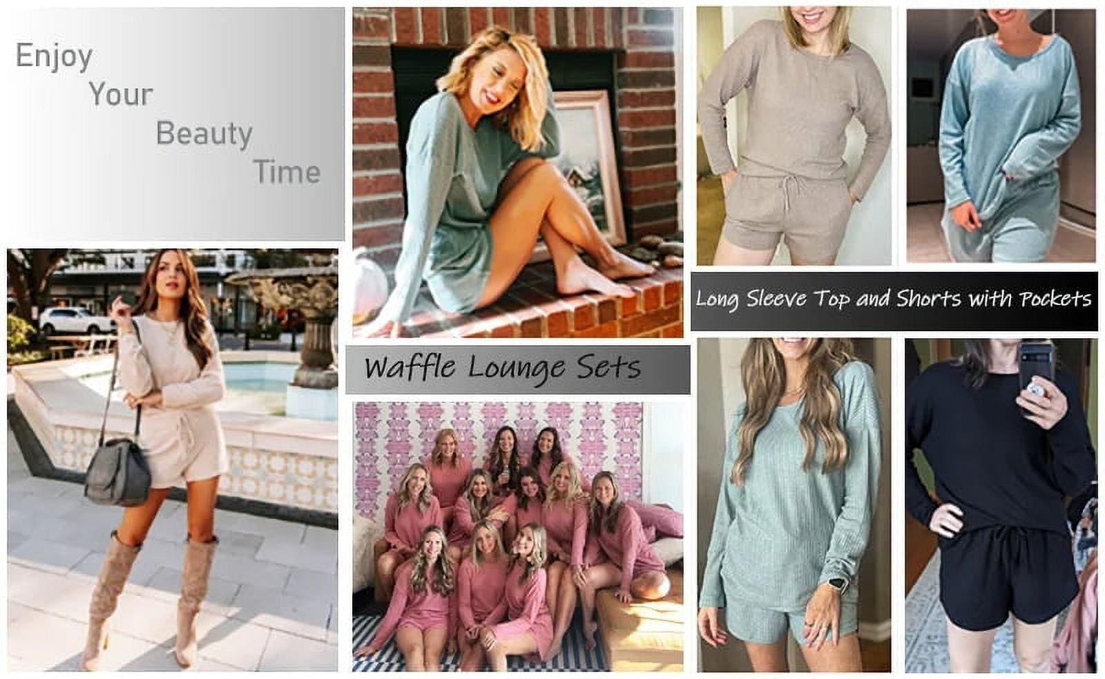 Waffle Knit Lounge Sets Long Sleeve Top and Shorts Outfits Loungewear with Pockets