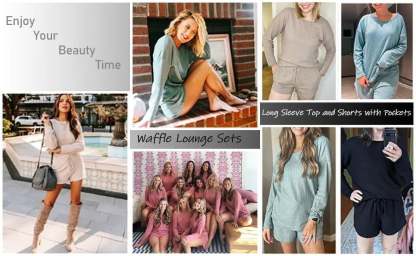 Waffle Knit Lounge Sets Long Sleeve Top and Shorts Outfits Loungewear with Pockets