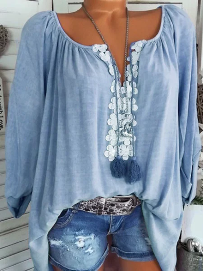 Long Sleeve Casual Solid V neck Plus Size Blouse