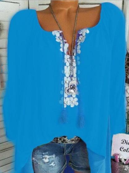 Long Sleeve Casual Solid V neck Plus Size Blouse