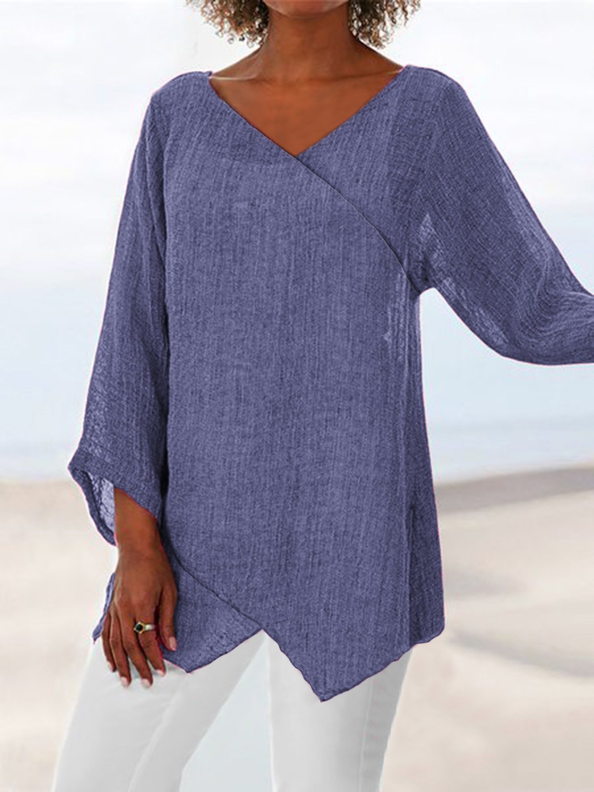 Paneled V Neck Solid 3/4 Sleeve Shirts & Tops