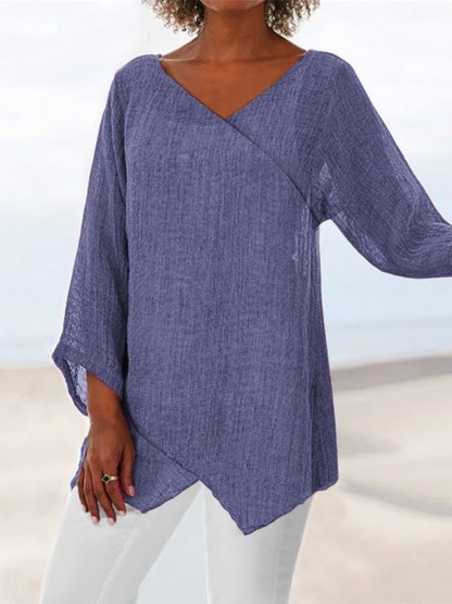 Paneled V Neck Solid 3/4 Sleeve Shirts & Tops