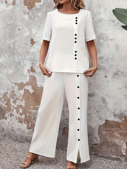 Button Decor Two Piece Set, Short Sleeve Blouse & Wide Leg Split Pants Outfits, Women's Clothing