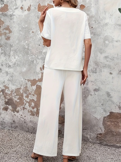 Button Decor Two Piece Set, Short Sleeve Blouse & Wide Leg Split Pants Outfits, Women's Clothing