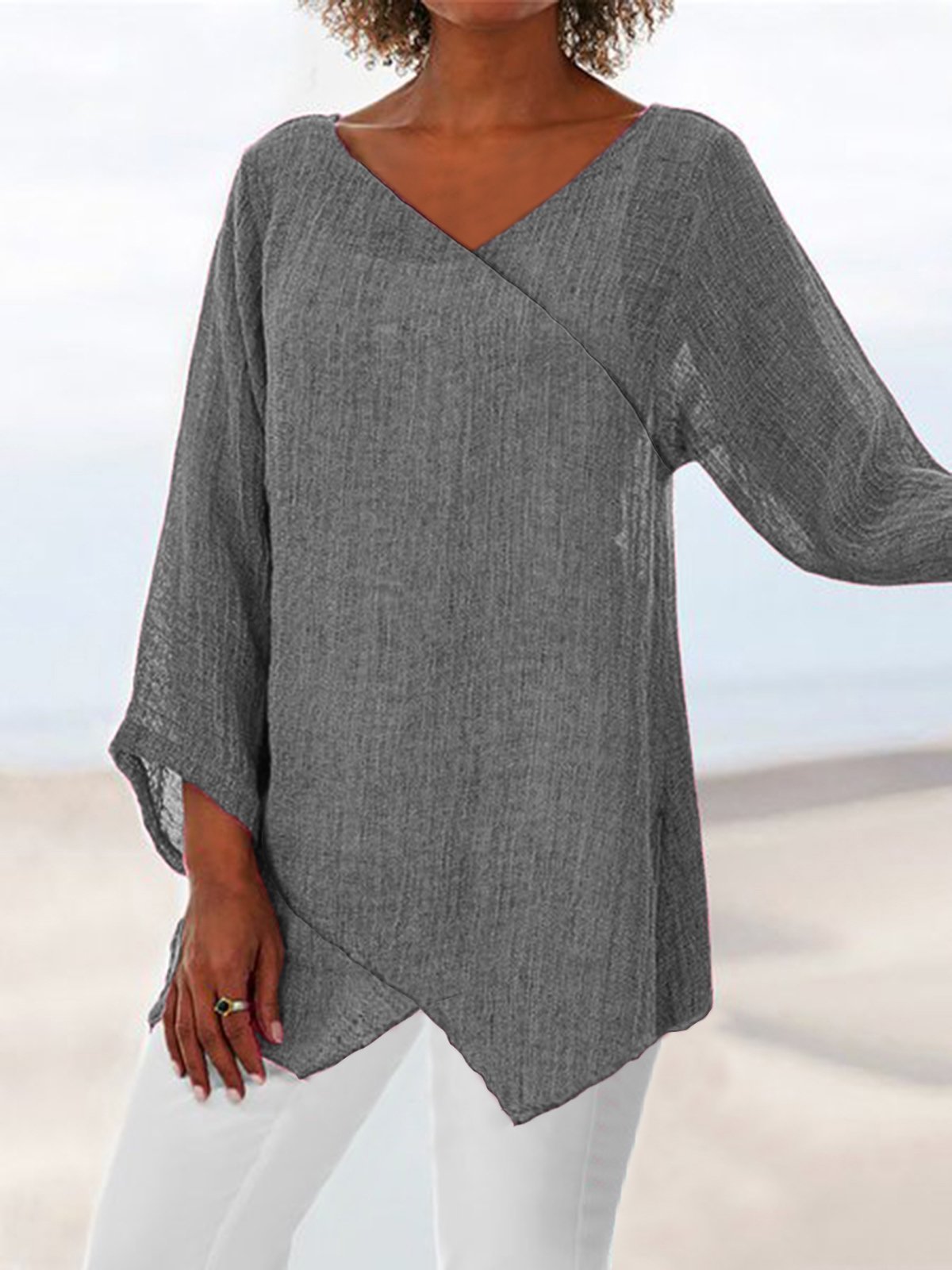 Paneled V Neck Solid 3/4 Sleeve Shirts & Tops