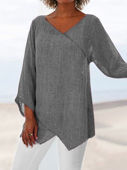 Paneled V Neck Solid 3/4 Sleeve Shirts & Tops