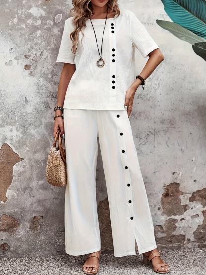Button Decor Two Piece Set, Short Sleeve Blouse & Wide Leg Split Pants Outfits, Women's Clothing