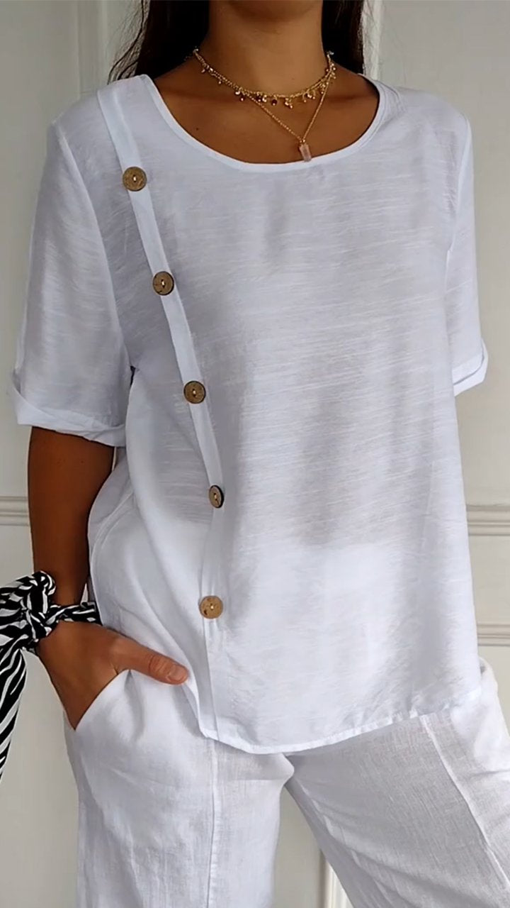 2024 Women's Round Neck Side Button Short Sleeve Top