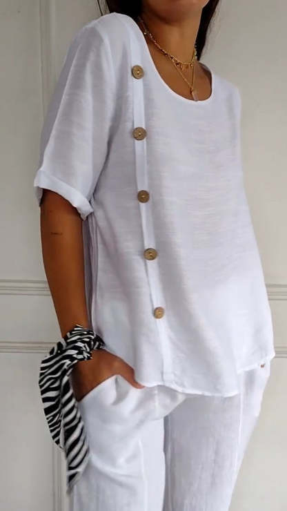 2024 Women's Round Neck Side Button Short Sleeve Top