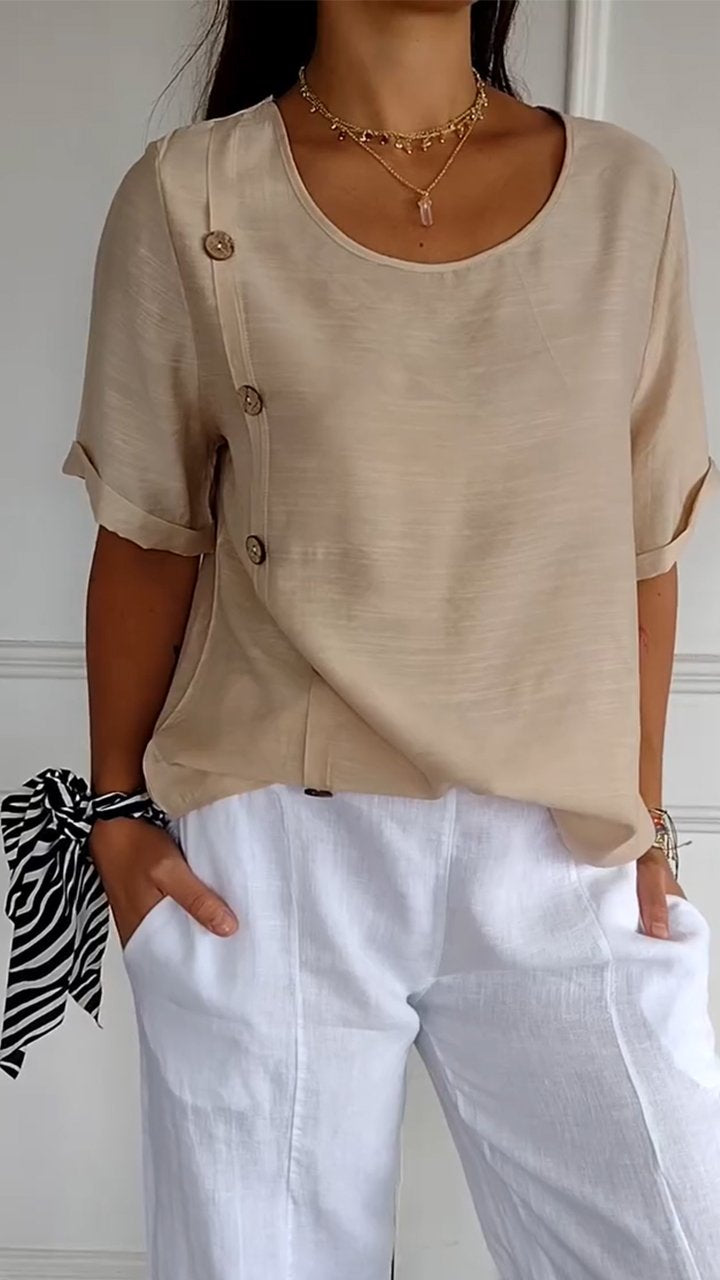 2024 Women's Round Neck Side Button Short Sleeve Top