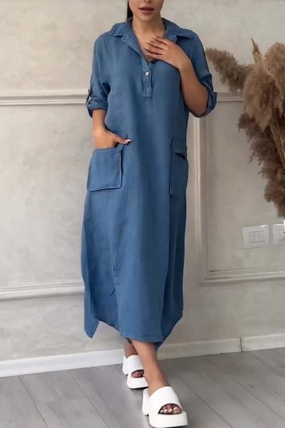 Women Half button lapel cotton and linen dress