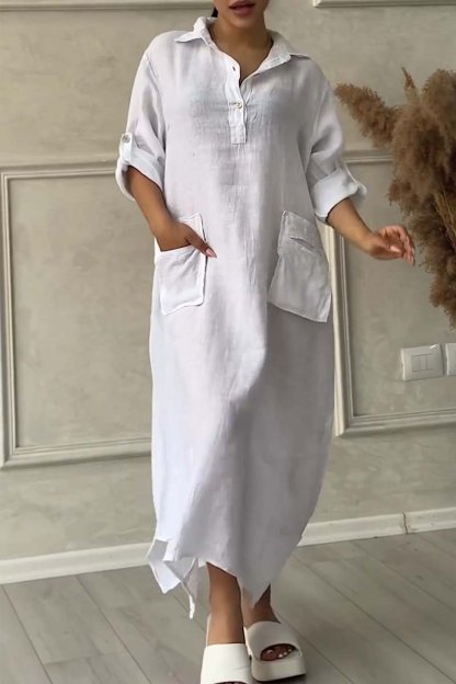 Women Half button lapel cotton and linen dress