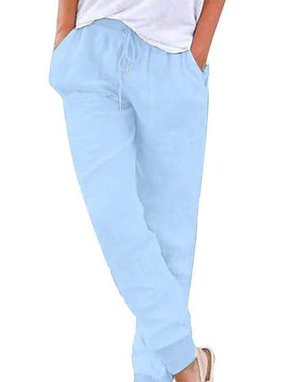 Women's Multi-colored Cotton and Linen Leisure Thread Elastic Waist Rope Pocket Pants