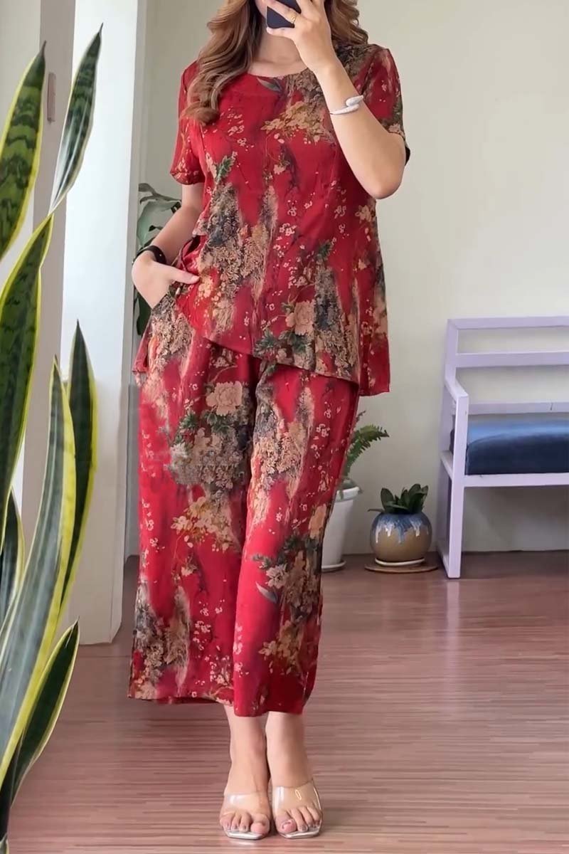 Women Summer Irregular hem printed two-piece set