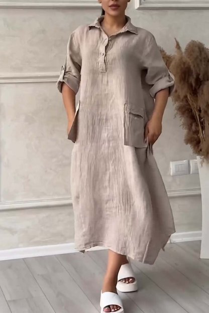 Women Half button lapel cotton and linen dress