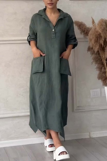 Women Half button lapel cotton and linen dress