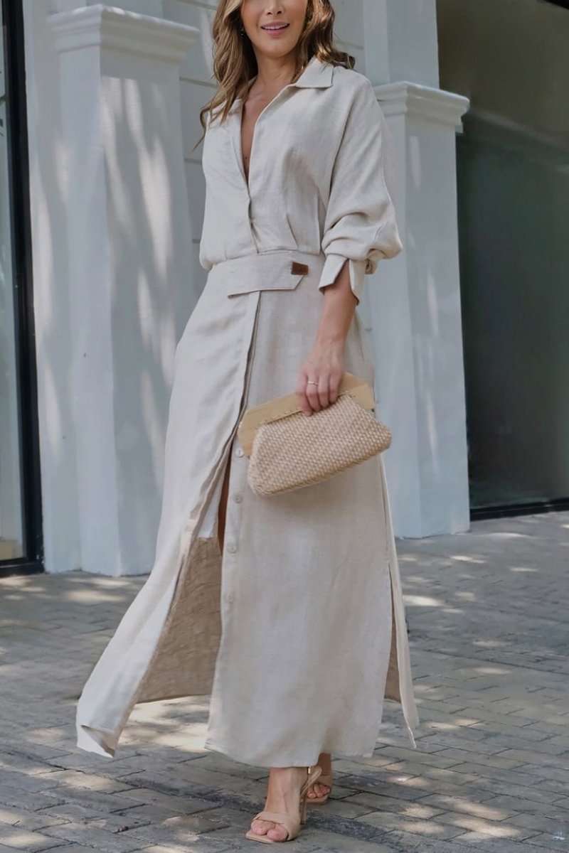 Women Cotton and linen solid color maxi dress