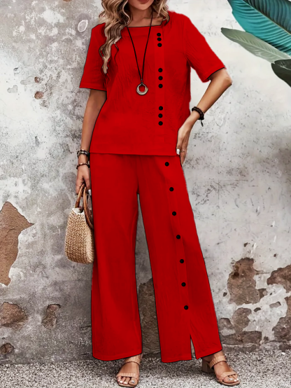 Button Decor Two Piece Set, Short Sleeve Blouse & Wide Leg Split Pants Outfits, Women's Clothing