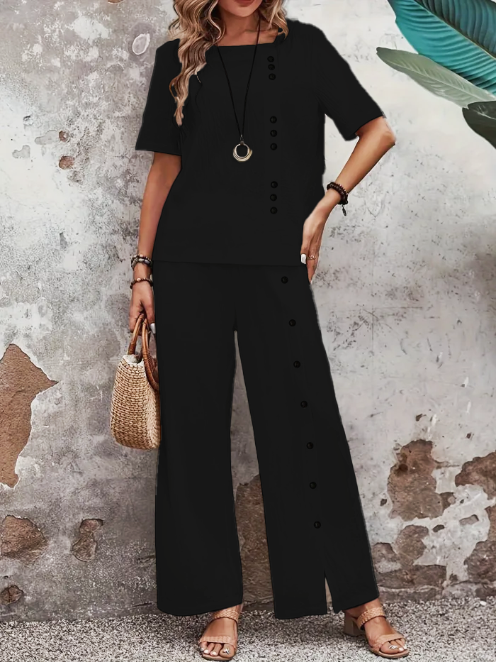Button Decor Two Piece Set, Short Sleeve Blouse & Wide Leg Split Pants Outfits, Women's Clothing