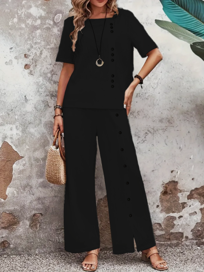 Button Decor Two Piece Set, Short Sleeve Blouse & Wide Leg Split Pants Outfits, Women's Clothing