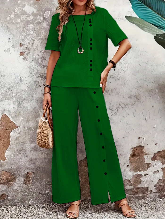 Button Decor Two Piece Set, Short Sleeve Blouse & Wide Leg Split Pants Outfits, Women's Clothing