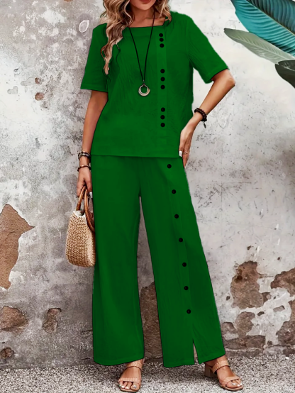 Button Decor Two Piece Set, Short Sleeve Blouse & Wide Leg Split Pants Outfits, Women's Clothing
