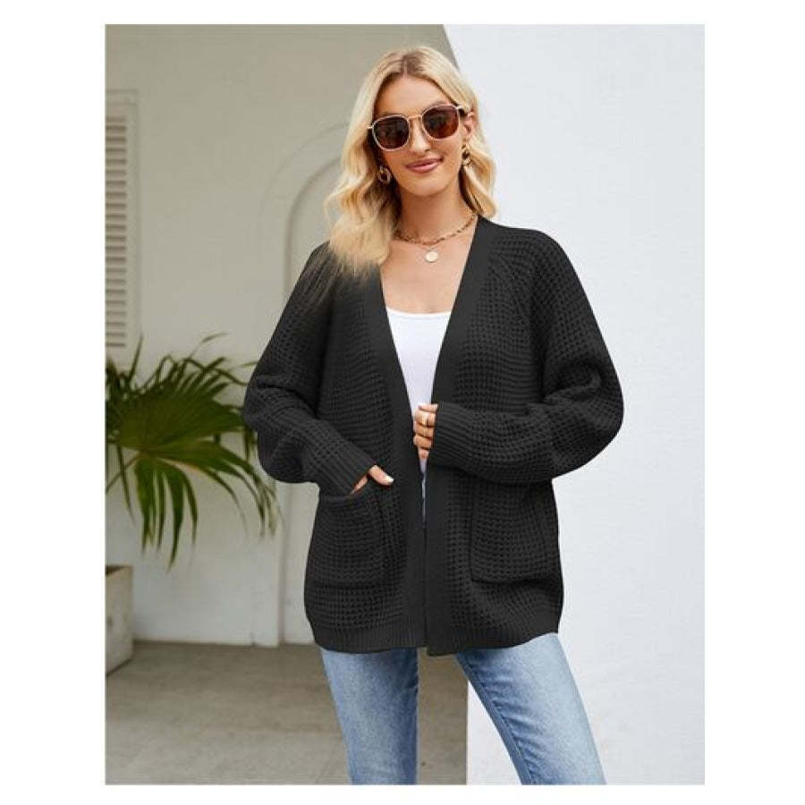 Open Front Raglan Sleeve Pocketed Cardigan