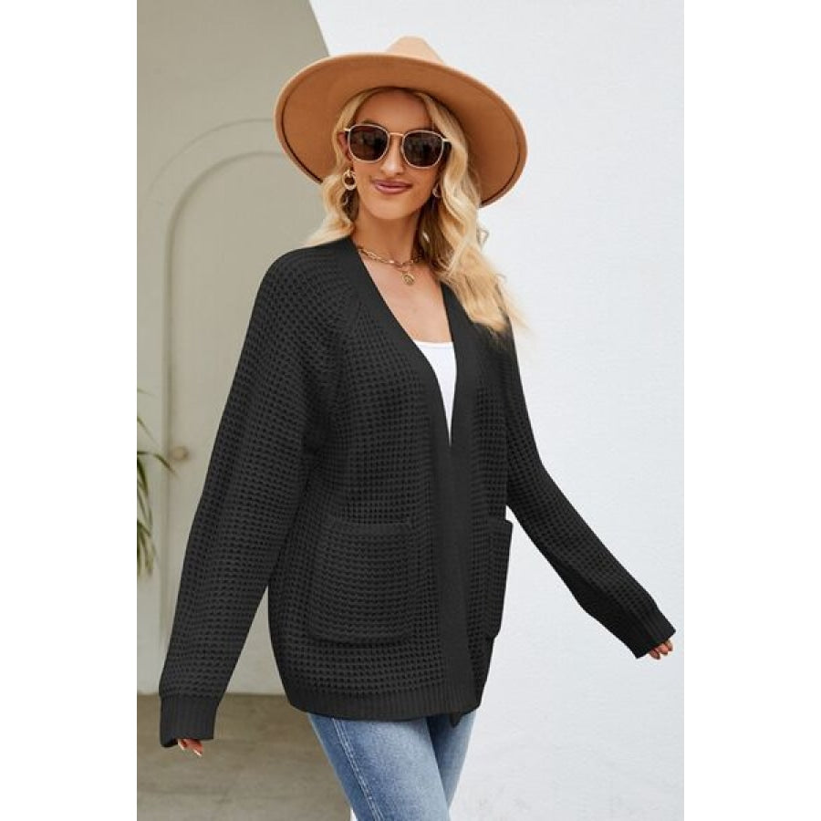 Open Front Raglan Sleeve Pocketed Cardigan