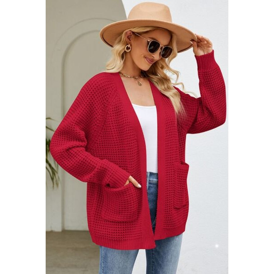 Open Front Raglan Sleeve Pocketed Cardigan
