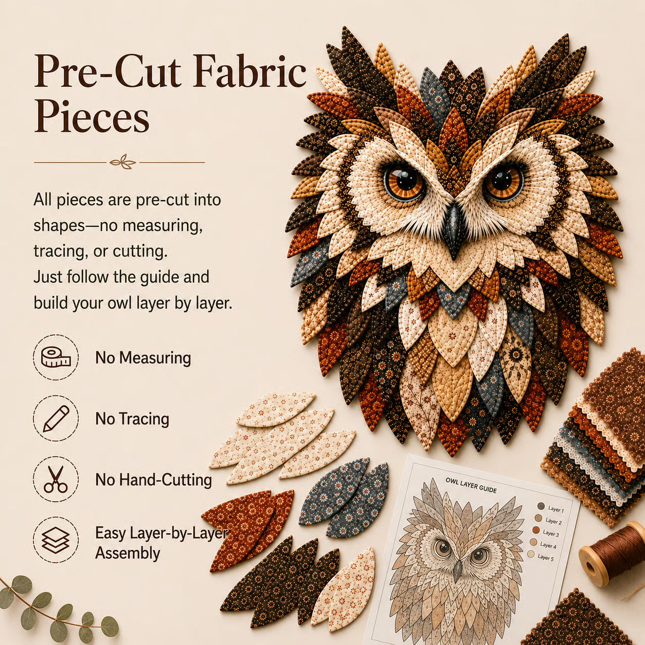  Layered Fabric Owl Wall Art DIY Kit – Relaxing Craft, Beautiful Results (📦Buy 2 Free Shipping)