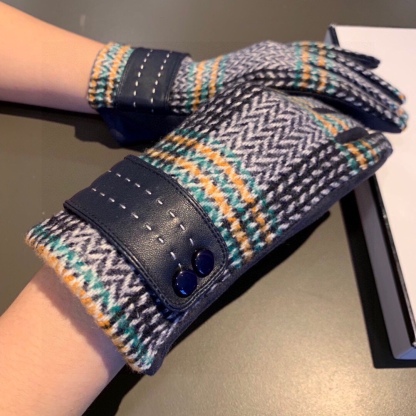 CC LEATHER STRIPED WOOL GLOVES IN BLUE
