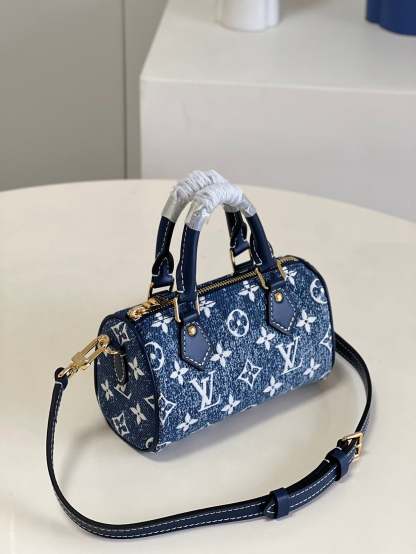 LV Nano Speedy Monogram Jacquard Denim Blue For Women, WoBags 6.3in/16cm LV M81168