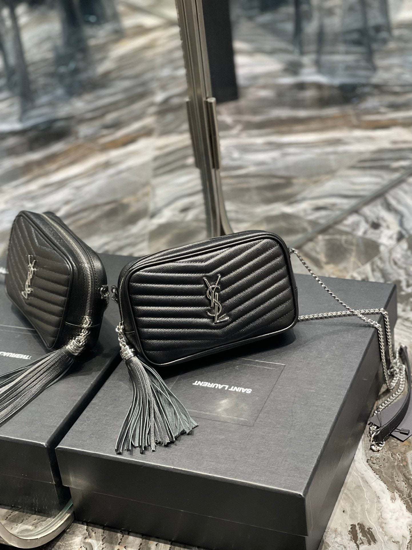 YSSL Lou Mini Bag Black In Quilted Grain De Poudre With Silver Toned Hardware For Women 7.4in/19cm YSl 6125791GF021000