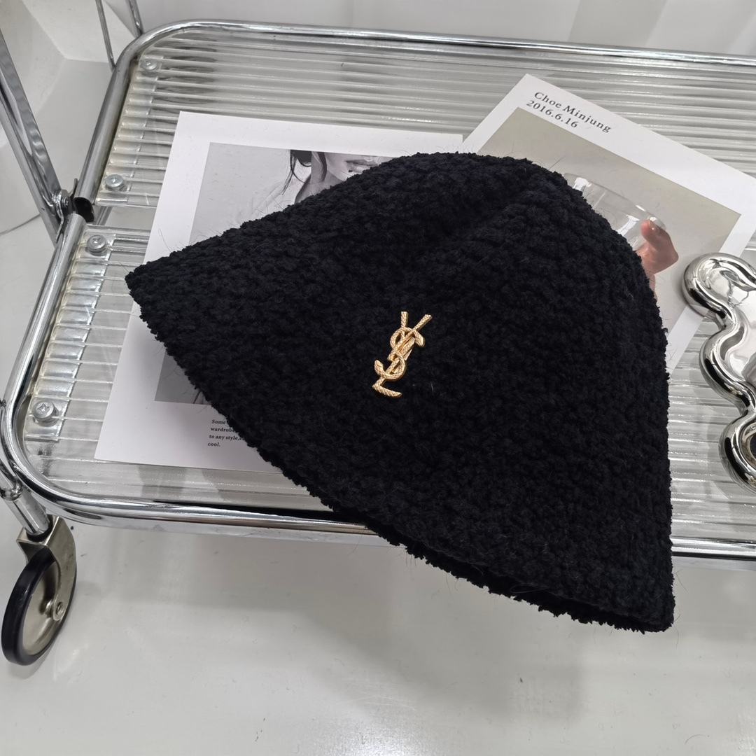 YSL FAUX FUR SHEARLING LAMBSKIN BUCKET HAT BLACK