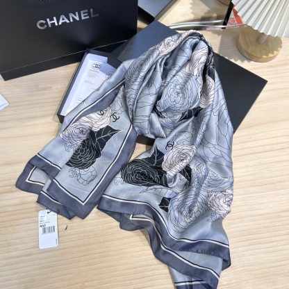 CC CC SQUARE SILK SCARF WITH FLOWER LIGHT BLUE 90CM