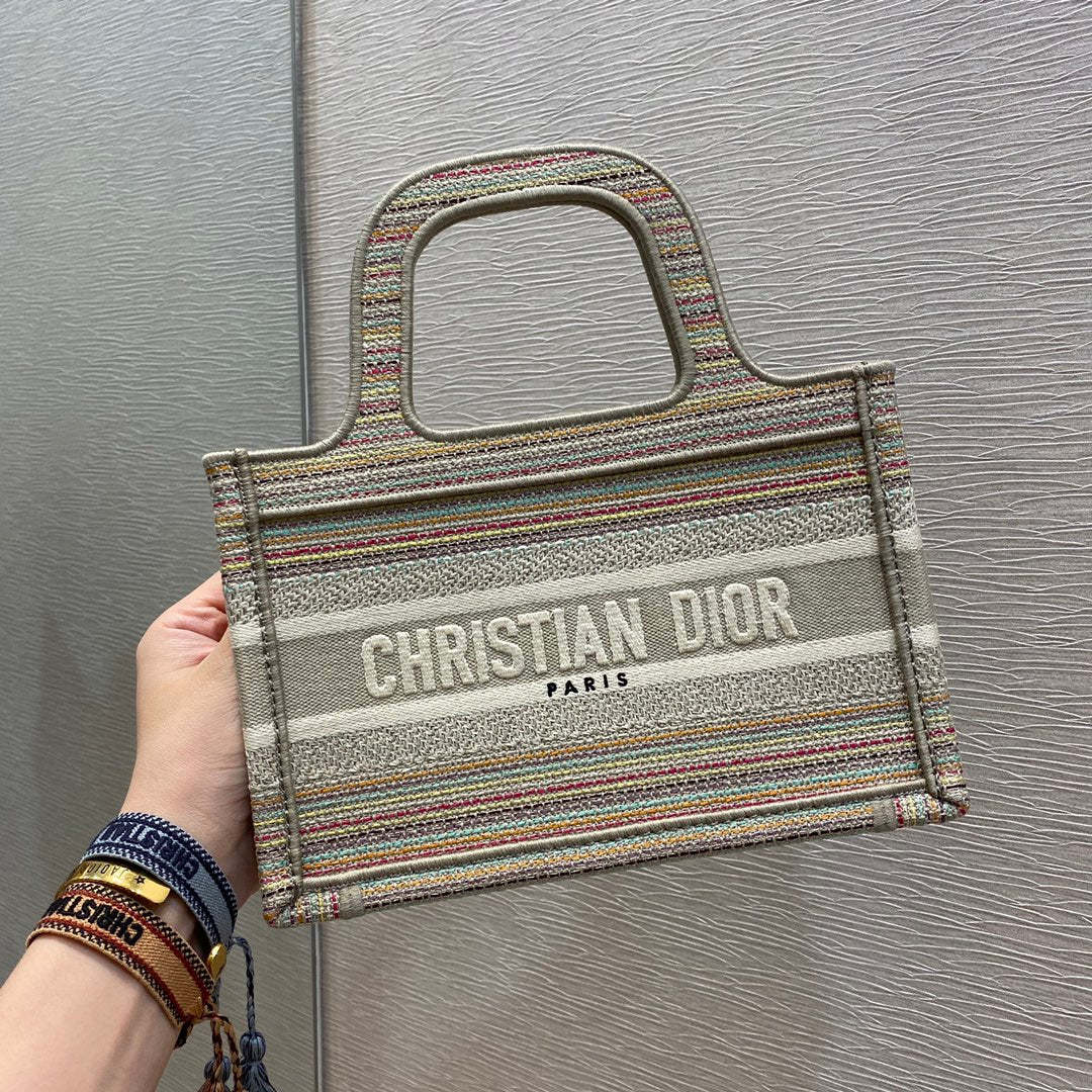 DI Small Book Tote Bag Canvas Stripes Embroidery For Women 23cm/9in CD