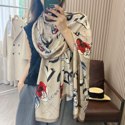 CC CC WITH RED FLOWER SQUARE SCARF BEIGE 90CM