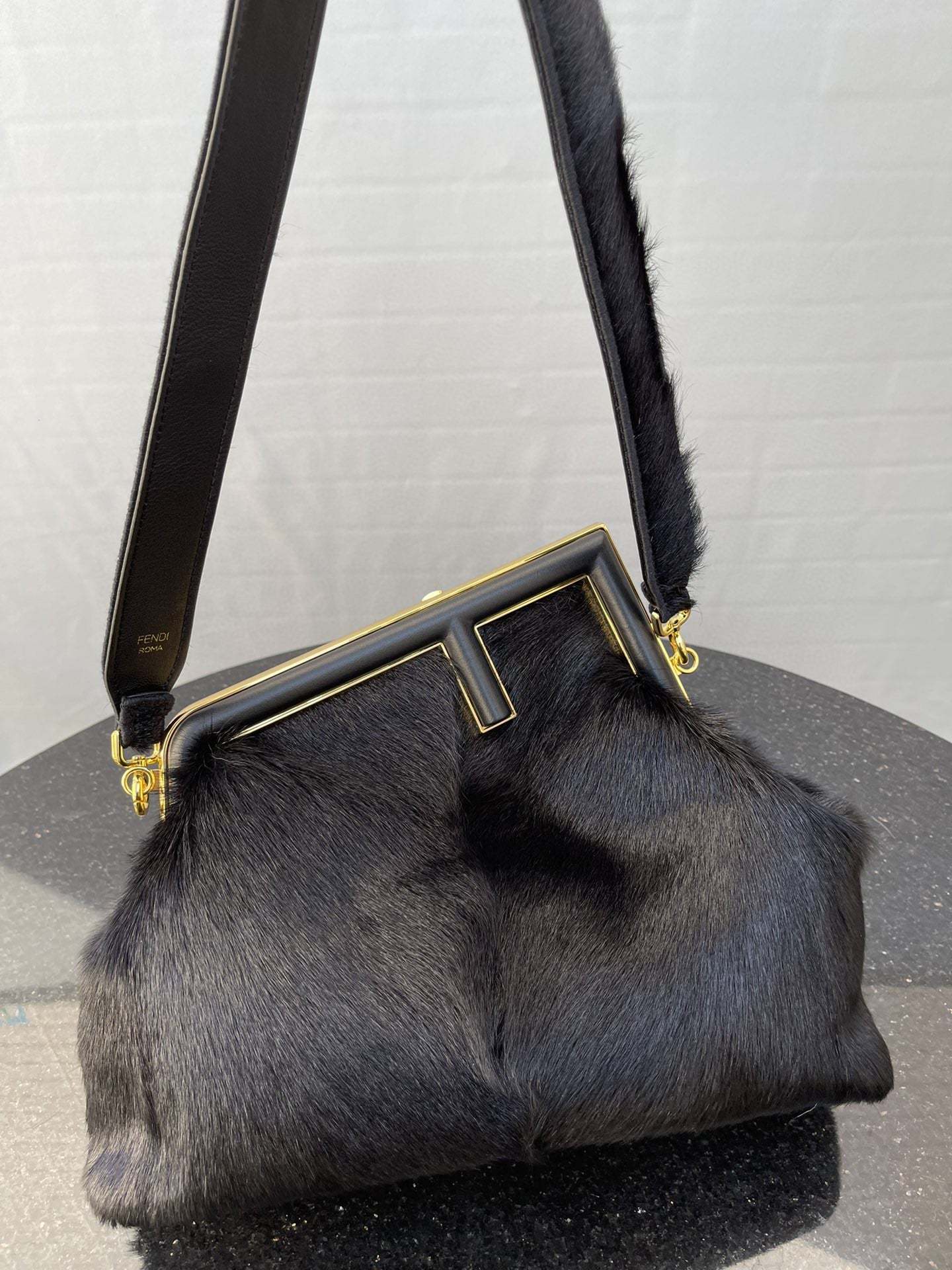 FI First Medium Black Fox Fur Bag For Woman 32.5cm/13in
