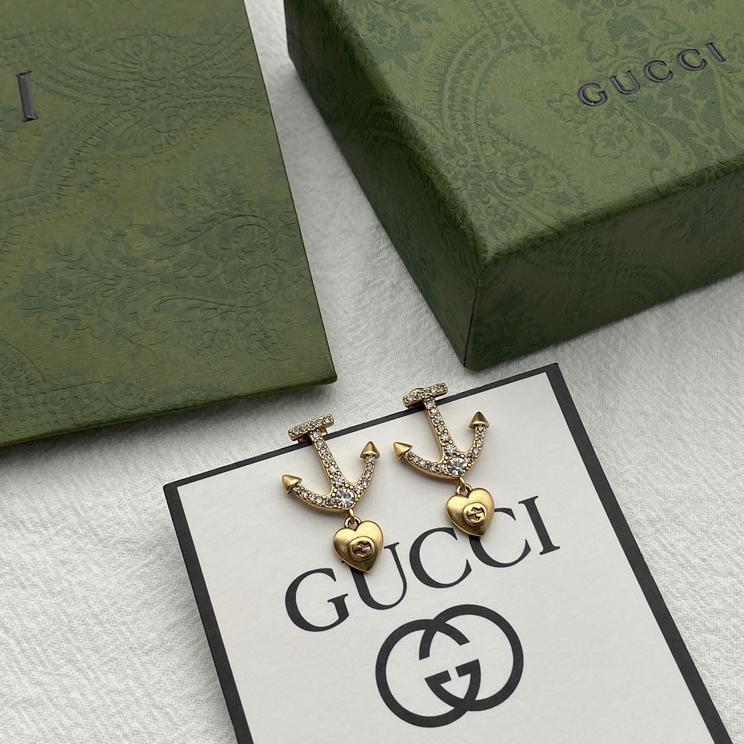 GG GG ANCHOR HEART CRYSTAL GOLD EARRINGS