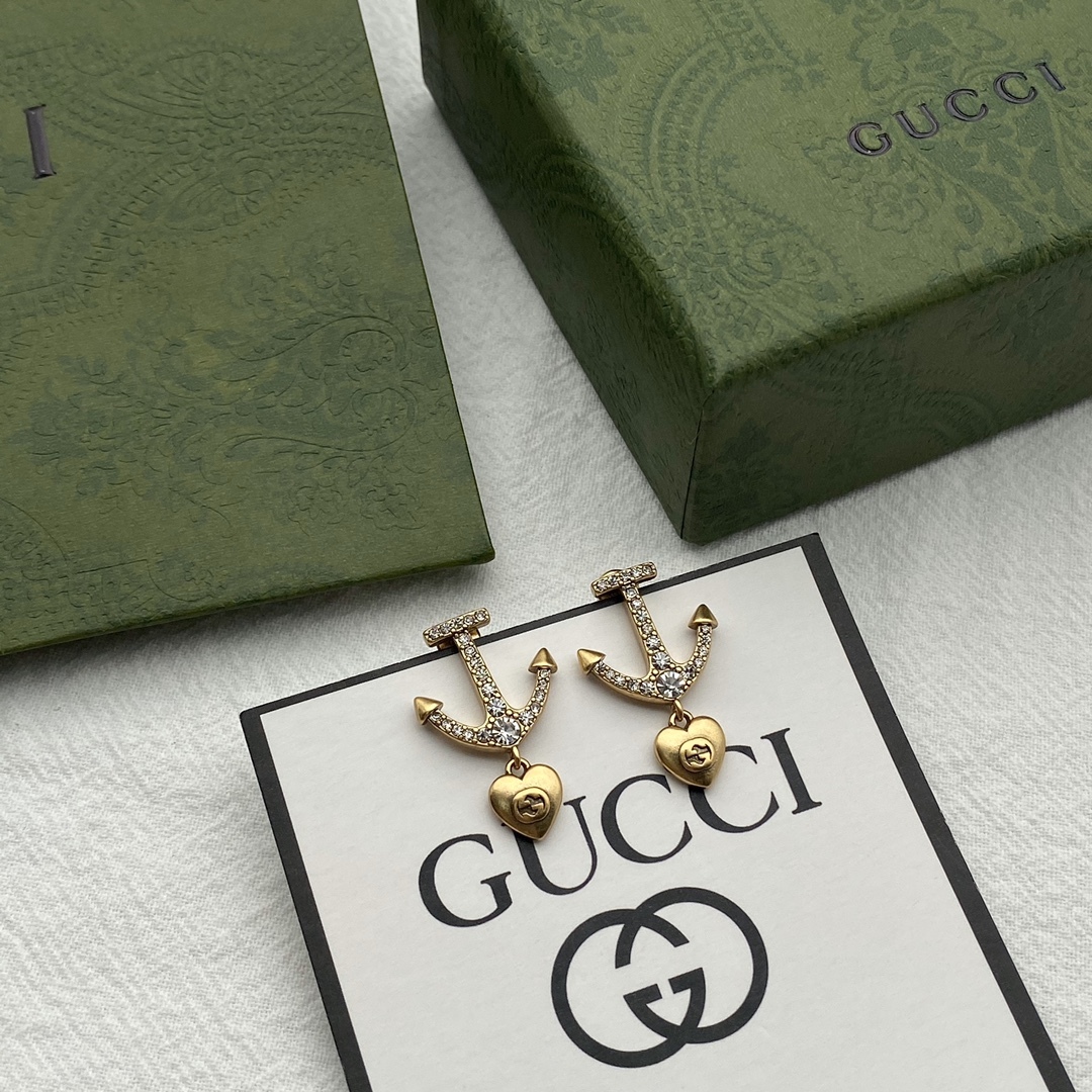 GG GG ANCHOR HEART CRYSTAL GOLD EARRINGS