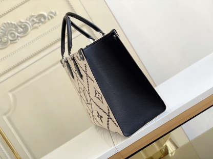 LV Onthego MM Tote Bag Monogram Empreinte Crème Beige For Women, Women Handbags, Shoulder Bags And Crossbody Bags 13.8in/35cm LV M46016