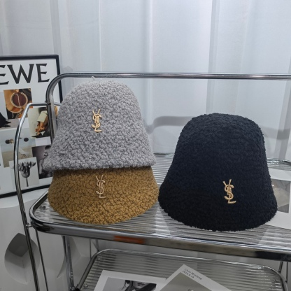 YSL FAUX FUR SHEARLING LAMBSKIN BUCKET HAT GREY