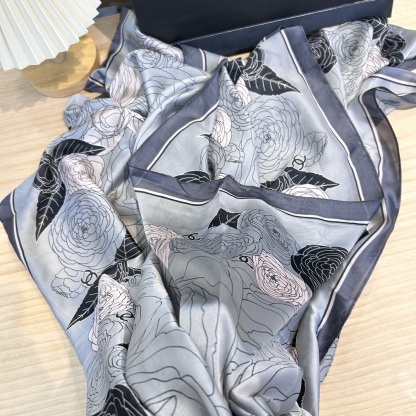 CC CC SQUARE SILK SCARF WITH FLOWER LIGHT BLUE 90CM