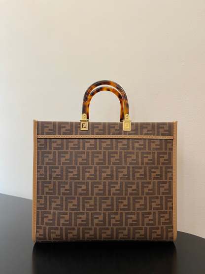 FI Sunshine Medium Brown FF jacquard fabric shopper Bag For Woman 31cm/12in
