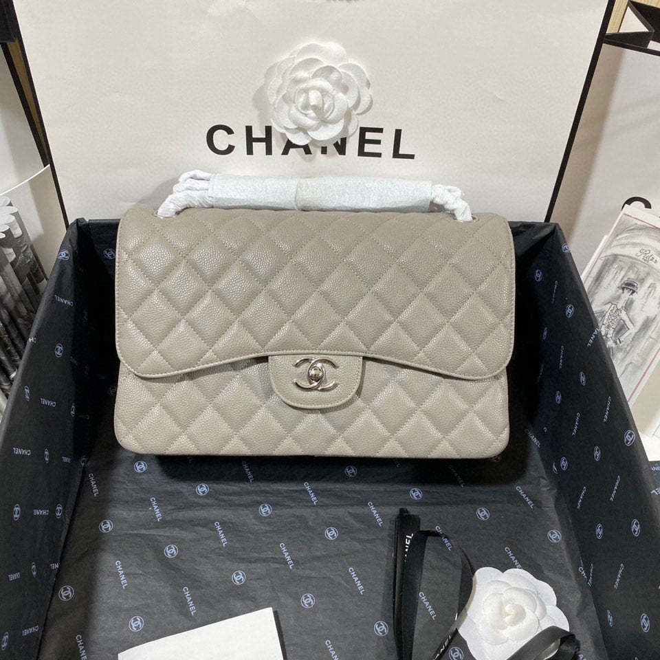 ChanelLarge Classic Handbag Silver Hardware Grey For Women, Women&#8217;s Handbags, Shoulder Bags 11.8in/30cm