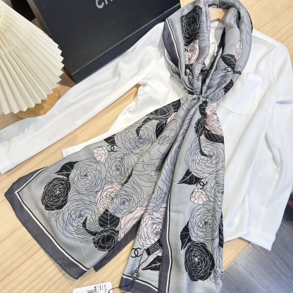 CC CC SQUARE SILK SCARF WITH FLOWER LIGHT BLUE 90CM