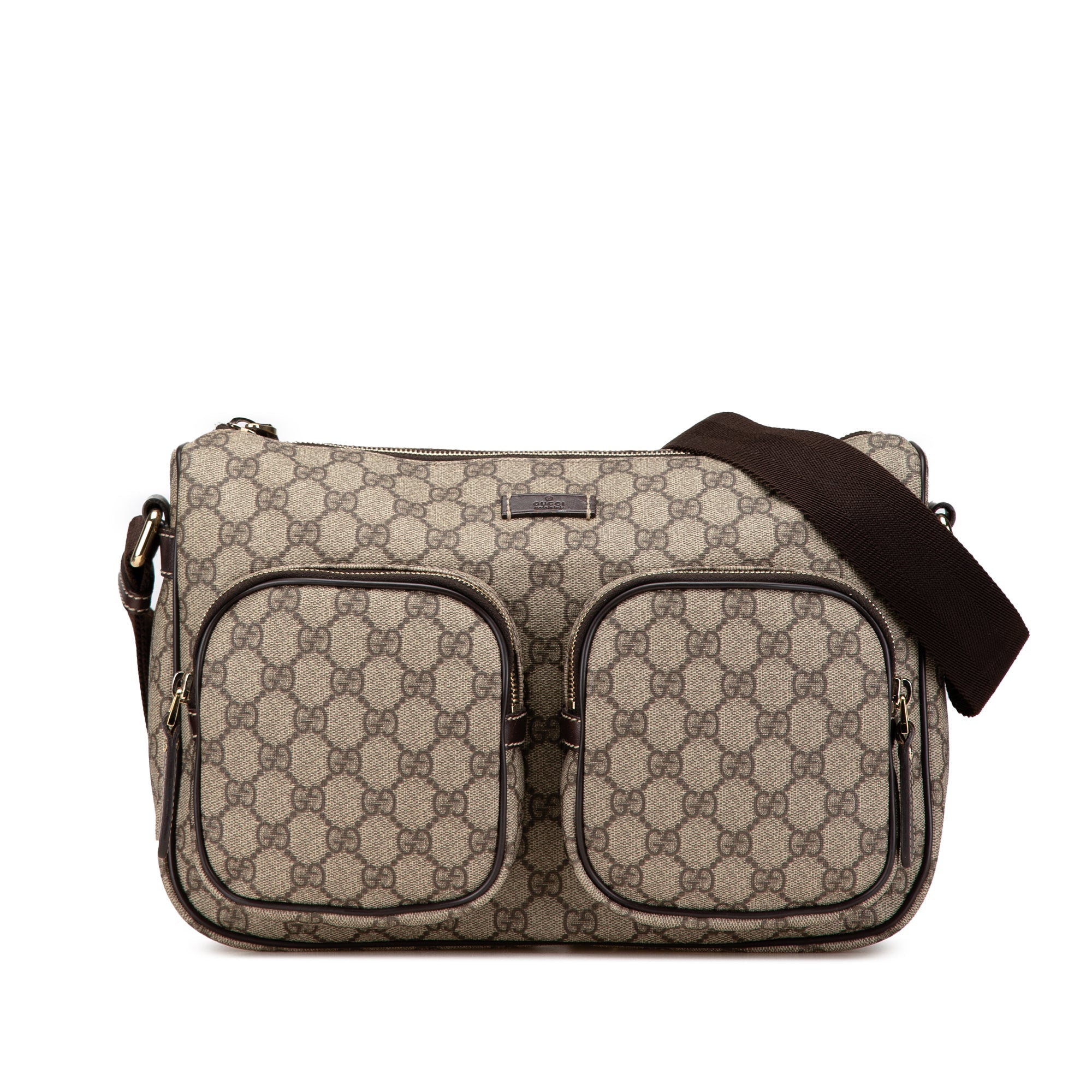 Brown Gucci GG Supreme Double Pocket Crossbody