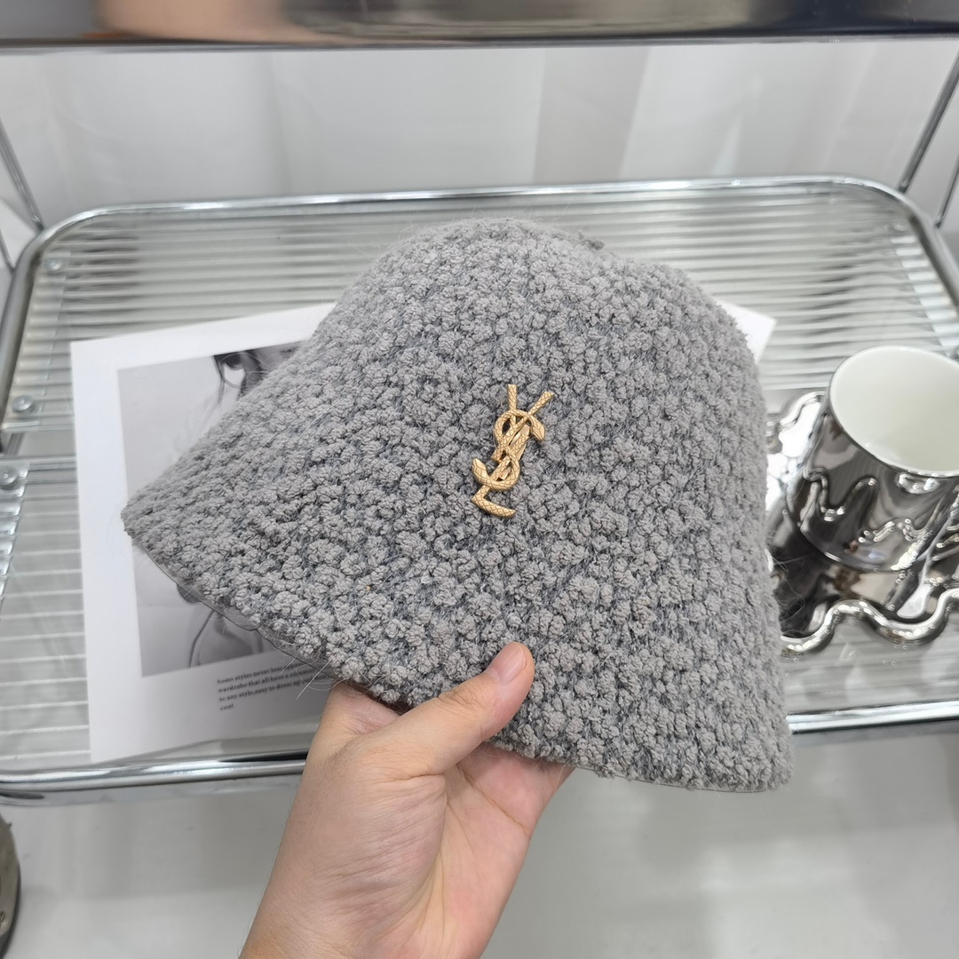YSL FAUX FUR SHEARLING LAMBSKIN BUCKET HAT GREY