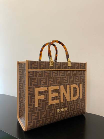 FI Sunshine Medium Brown FF jacquard fabric shopper Bag For Woman 31cm/12in